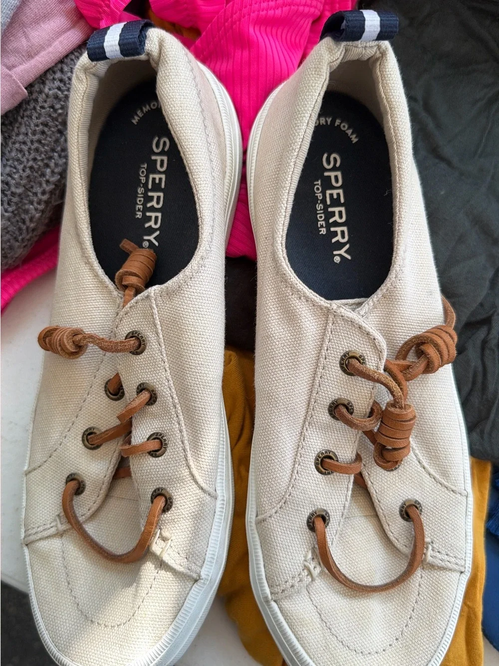 Sperry Men’s Canvas Boat Shoes in Beige with Brown Laces